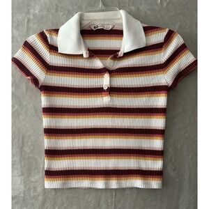 SO Polo Shirt Womens Small‎ Maroon Yellow White Striped Collared Waffle Knit Top